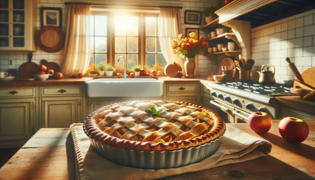 Delicious homemade apple pie on wooden table in cozy home kitchen.の素材
