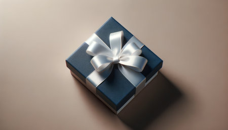 Blue gift box with a white bow on a beige background.の素材