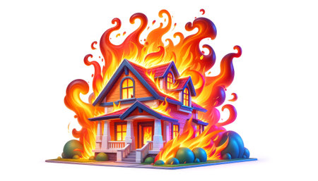 House in fire. 3d vector illustration isolated on white background.の素材