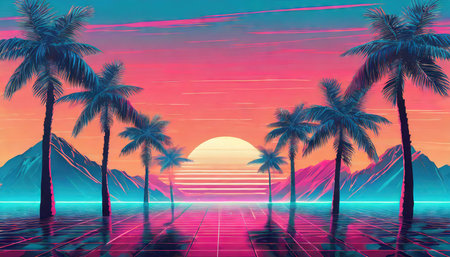 Sunset and palm trees, 3d rendering. Computer digital drawing.の素材