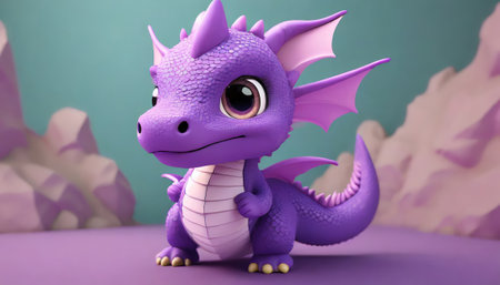 3d rendering of a cute purple dragon with a blue background.の素材