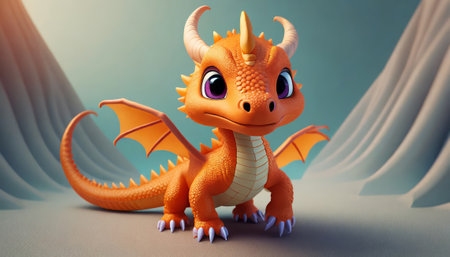3d rendering of a cute dragon on a background of a blue wallの素材