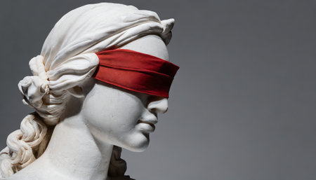 White marble statue with red blindfold on her eyes on grey backgroundの素材