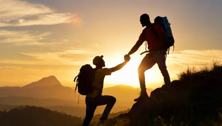 Silhouette of couple hikers holding hands on mountain peak at sunsetの素材