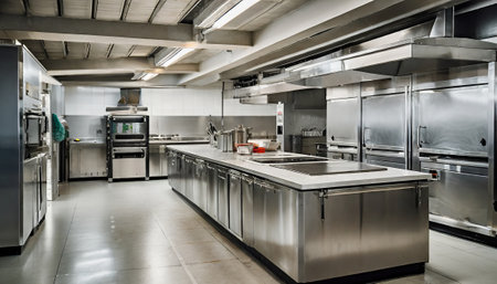 Interior of a modern commercial kitchen with stainless steel and stainless steelの素材