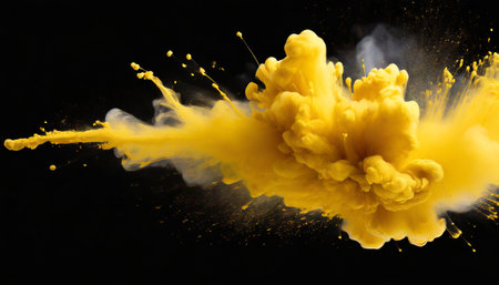 Yellow paint explosion isolated on black background. Colorful abstract background.の素材