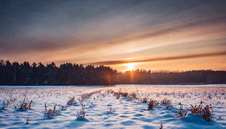 Sunset over a field covered with snow. Beautiful winter landscape.の素材