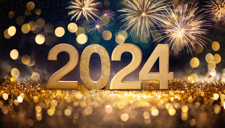 Happy New Year 2014 background with bokeh lights and fireworks.の素材