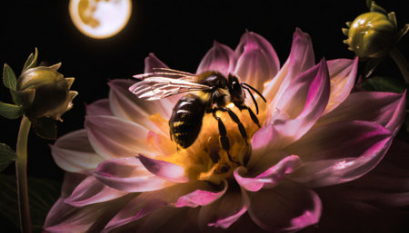 Bee on pink dahlia flower with moonlight in the backgroundの素材