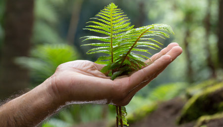 Hands holding a young fern in the rainforest of Costa Ricaの素材