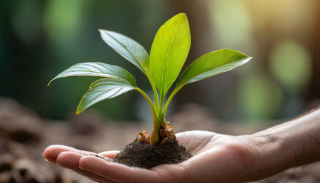 Human hands holding young plant with soil in nature background. Ecology and environment protection concept.の素材
