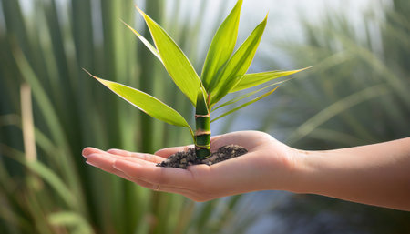 Small green plant in human hands on blurred background. World Environment Day conceptの素材