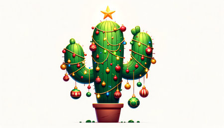 Cactus with Christmas decorations on the white background. Vector illustration.の素材