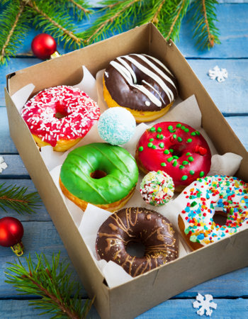 Box with delicious donuts on wooden table, top view. Christmas backgroundの素材