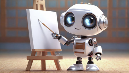 Robot with easel. 3d illustration. Robot with easel.の素材