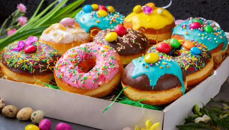 Fresh donuts with colorful icing and sprinkles on a background of spring flowersの素材