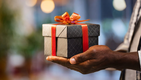 Mid section of african american man holding gift box at christmasの素材