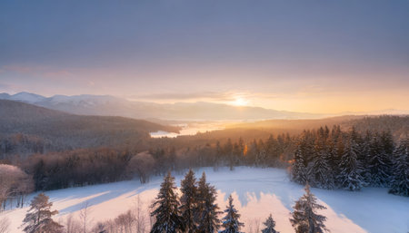 Beautiful winter landscape with snow covered trees and lake at sunset.の素材