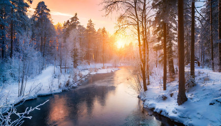 Sunset over the river in the winter forest. Beautiful winter landscape.の素材