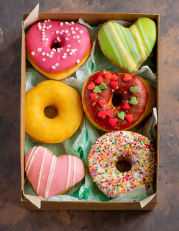 assorted donuts with chocolate, pink glazed and sprinkles donuts.の素材