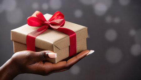Gift box with red ribbon in female hand on bokeh backgroundの素材