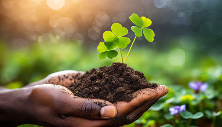 Human hands holding green seedling in soil with bokeh backgroundの素材