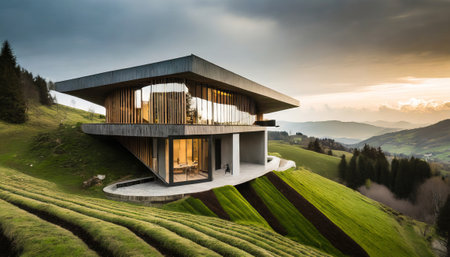 3d rendering of modern cozy house on the hill with garage and pool for sale or rent with beautiful landscaping on background. Clear summer evening with golden sunlight.の素材