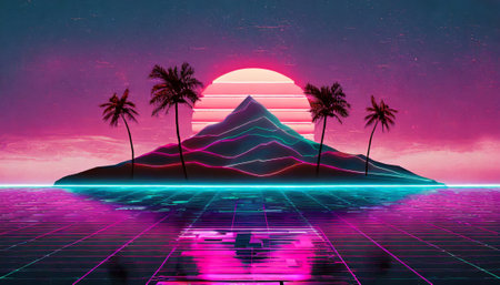 Futuristic landscape with mountains, sun and palm trees. 3d renderingの素材