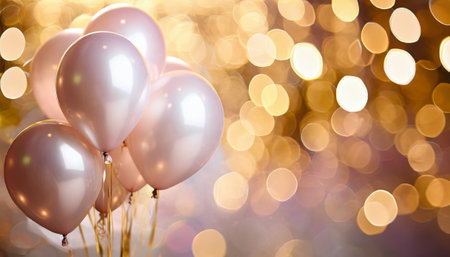 Bunch of pink and white balloons on golden bokeh backgroundの素材