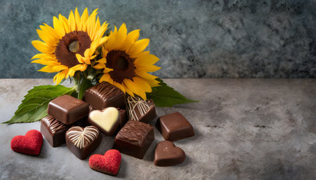 Chocolate candies with sunflowers and heartsle backgroundの素材