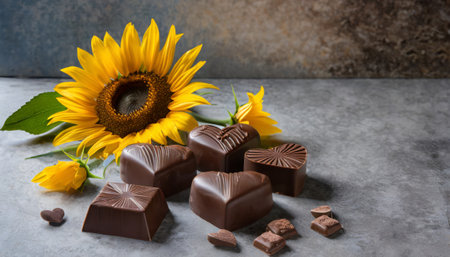 Chocolate candies with sunflower and sunflowerle backgroundの素材