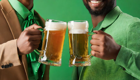 Cropped image of two men clinking glasses of beer on green backgroundの素材