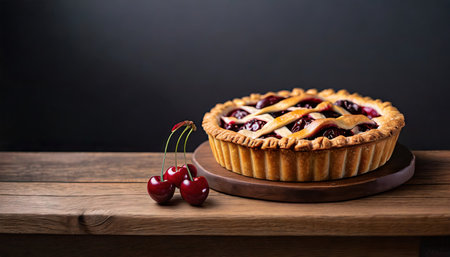 Homemade cherry pie on wooden background with copy space, selective focusの素材