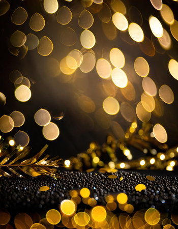 Golden bokeh on black background. Christmas and New Year concept.の素材