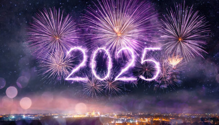Happy new year 2015 written with Sparkle firework over night cityscape backgroundの素材