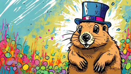 Cute hamster in a top hat on a colorful background.の素材