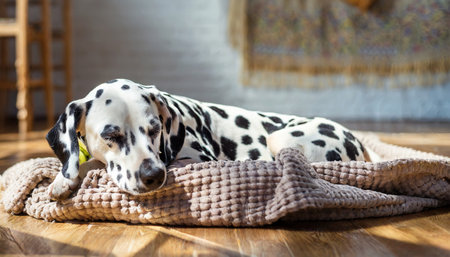 Dalmatian dog lying on the floor with knitted plaidの素材