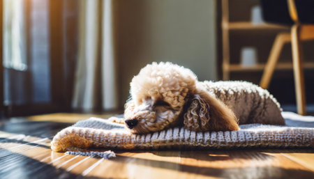 Cute Miniature Poodle lying on the floor at home.の素材
