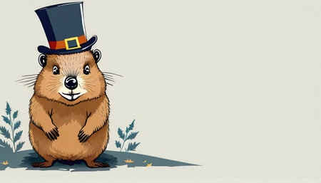 Groundhog in a top hat. Greeting card. Vector illustration.の素材