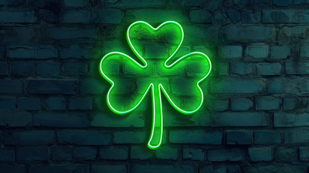Neon sign of a clover on a brick wall. St. Patrick's Day.の素材