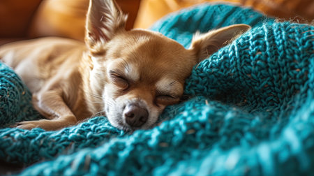 Cute chihuahua dog sleeps on a knitted blanketの素材
