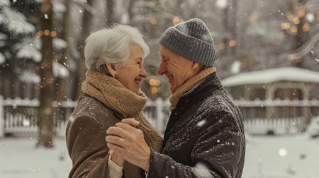 Beautiful senior couple walking in the park on a snowy winter dayの素材