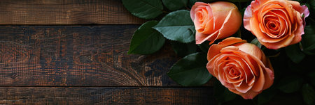 Top view of pink roses on dark wooden background with copy space.の素材