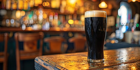 Glass of dark beer on a bar counter in a pub or restaurantの素材