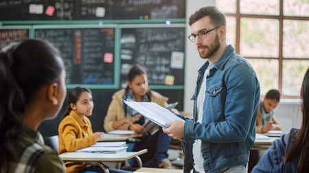 Portrait of young male teacher standing in classroom and giving notes to studentsの素材