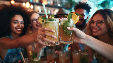 Group of young people having fun at the bar, drinking cocktails and having funの素材