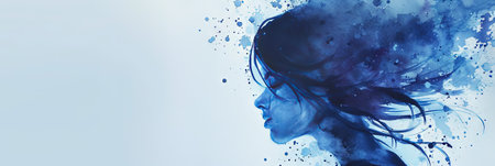 Double exposure portrait of young beautiful woman with blue eyes and long hair.の素材