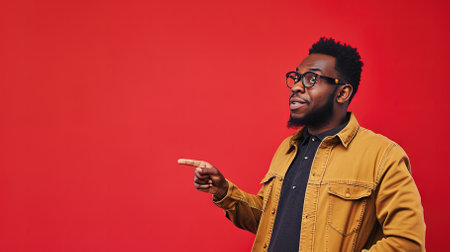 Young african american man pointing at copy space on red backgroundの素材