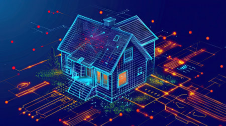 3d isometric illustration of modern house with glowing lights on blue backgroundの素材