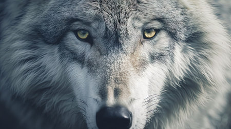 Portrait of a gray wolf with yellow eyes, close-upの素材